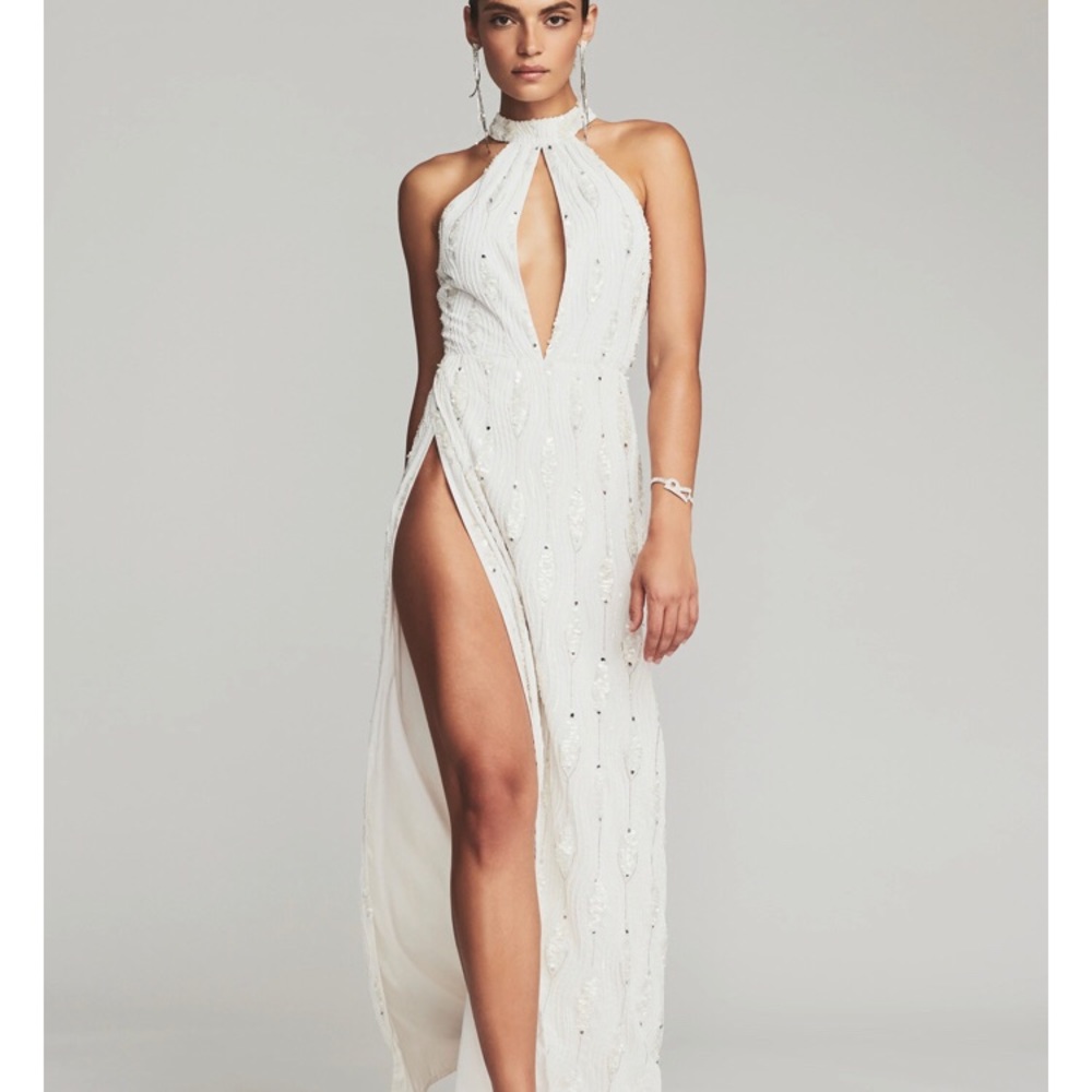 Retrofete, White silk/beaded and sequence gown. Thigh high slit!